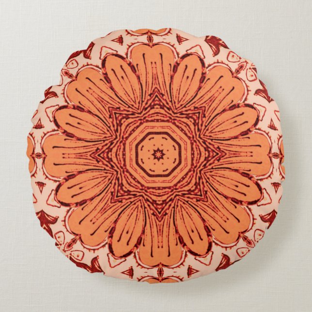 Geometric Daisy Pattern in Mandarin Orange  Round Pillow (Front)