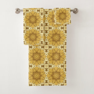 Geometric Daisy Pattern in Mustard Gold Bath Towel Set