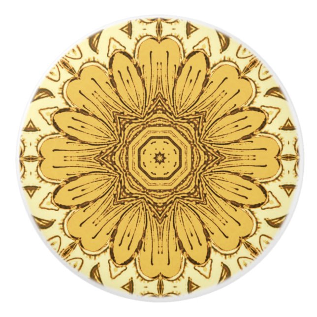 Geometric Daisy Pattern in Mustard Gold Ceramic Knob (Front)