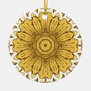 Geometric Daisy Pattern in Mustard Gold Ceramic Ornament