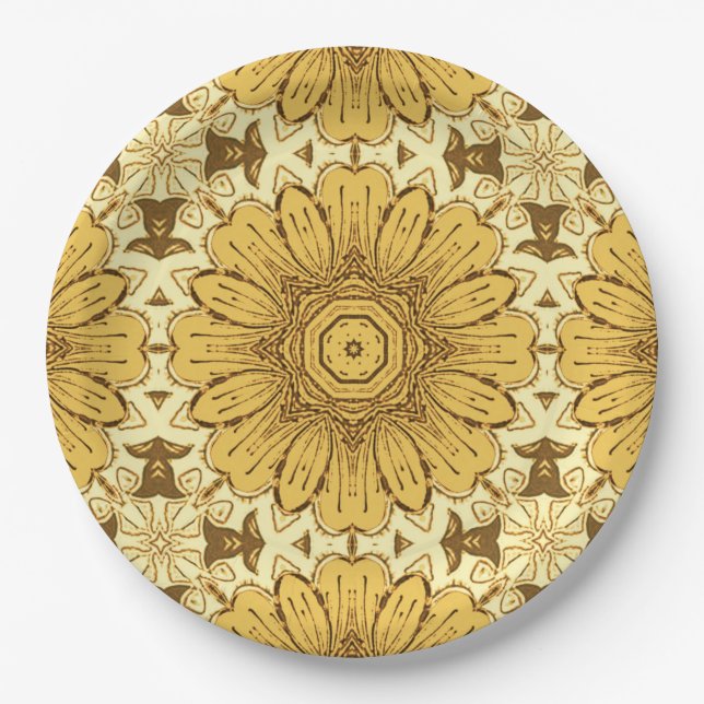 Geometric Daisy Pattern in Mustard Gold Paper Plate (Front)