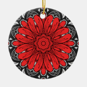 Geometric Daisy Pattern in Red Black & White    Ceramic Ornament
