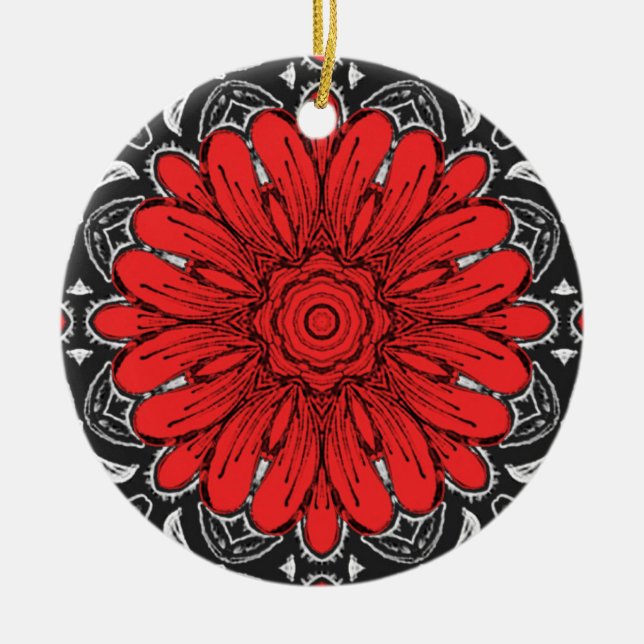 Geometric Daisy Pattern in Red Black & White    Ceramic Ornament (Front)