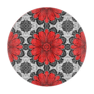 Geometric Daisy Pattern in Red Black & White    Cutting Board