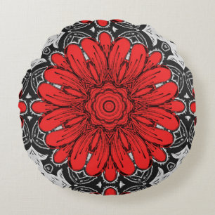 Geometric Daisy Pattern in Red Black & White Round Pillow