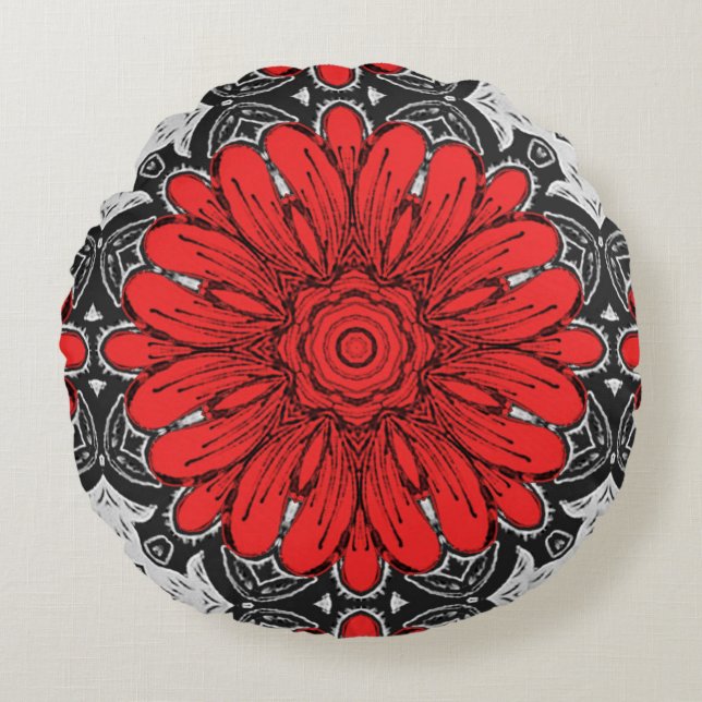 Geometric Daisy Pattern in Red Black & White Round Pillow (Front)