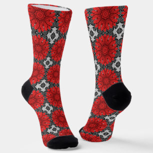 Geometric Daisy Pattern in Red Black & White    Socks