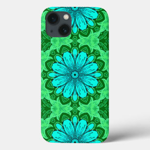 Geometric Daisy Pattern in Turquoise and Green   iPhone 13 Case