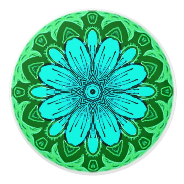 Geometric Daisy Pattern in Turquoise and Green   Ceramic Knob (Front)