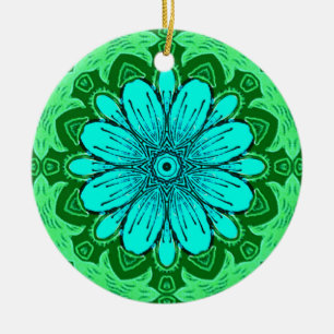 Geometric Daisy Pattern in Turquoise and Green Ceramic Ornament