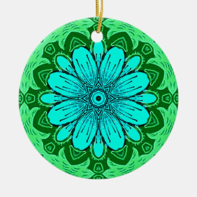 Geometric Daisy Pattern in Turquoise and Green   Ceramic Ornament (Front)