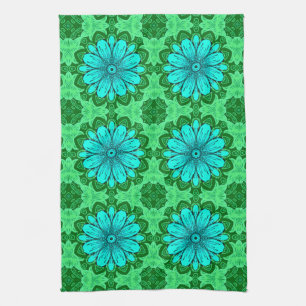 Geometric Daisy Pattern in Turquoise and Green   Kitchen Towel