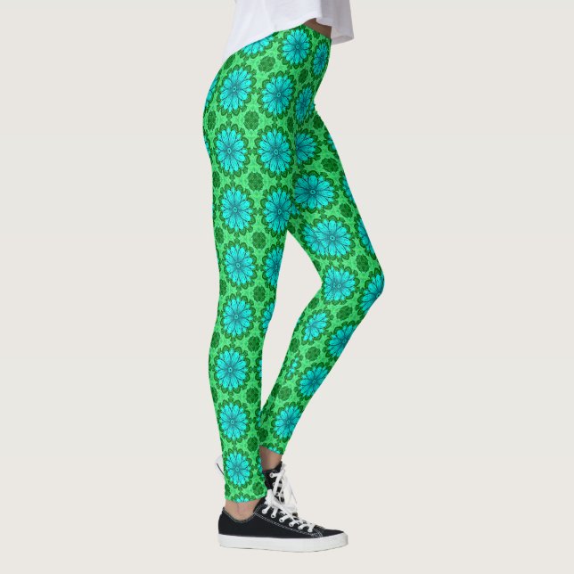 Geometric Daisy Pattern in Turquoise and Green   Leggings (Right)