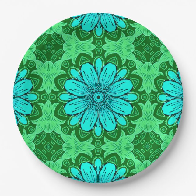 Geometric Daisy Pattern in Turquoise and Green Paper Plate (Front)