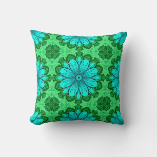 Geometric Daisy Pattern in Turquoise and Green Throw Pillow