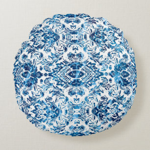 Geometric damask seamless pattern with grunge text round pillow