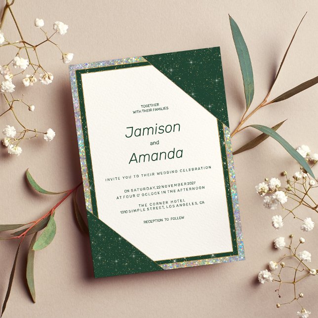 Geometric dark green gold sparkle glitter Wedding Invitation (Geometric dark green gold sparkle glitter Wedding)