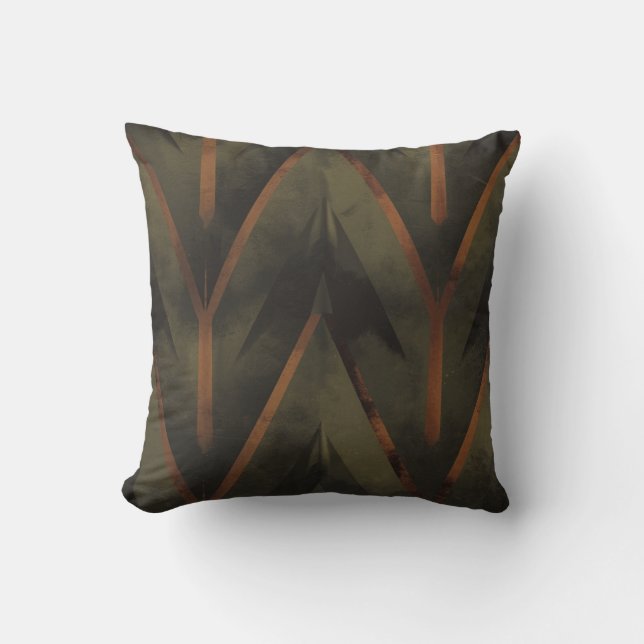 Geometric Dark Orange And Green Pattern Throw Pillow (Front)