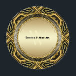 Geometric Deco Gold Black Round Wedding Menu Card<br><div class="desc">Glam Geometric Modern Art Deco style inspired Round Wedding Menu Card - that would look great placed on the wedding guest plates. Theme : gold, glitter, geometric patterns, glam, metallic, gatsby theme, 1920s style ★ . ★ . ★ Customizable double sided wedding, reception, luncheon or dinner menu with other side...</div>