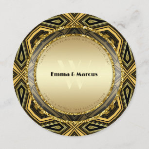 Geometric Deco Gold Black Round Wedding Menu Card