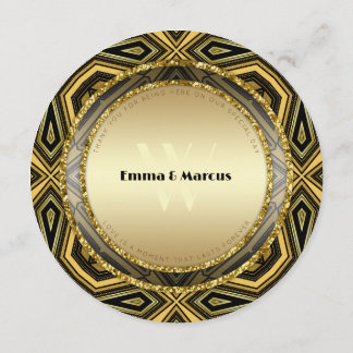 Geometric Deco Gold Black Round Wedding Menu Card