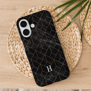 Geometric Deco Rose Gold & Black Marble Monogram iPhone 16 Case