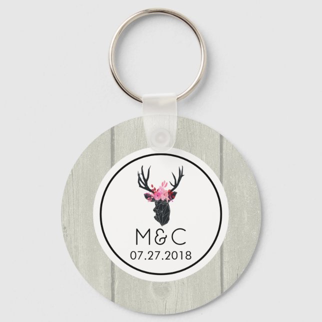 Geometric Deer Head w/ Floral Crown on Fake Wood Keychain (Front)