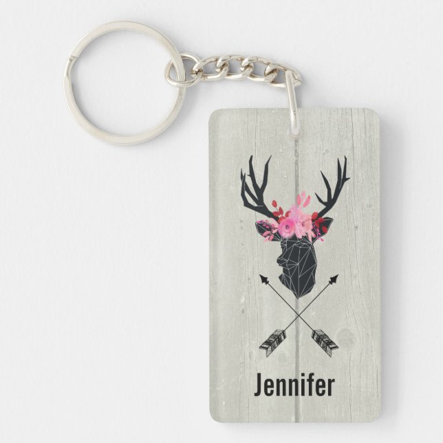 Geometric Deer Head w/ Floral Crown on Fake Wood Keychain (Front)