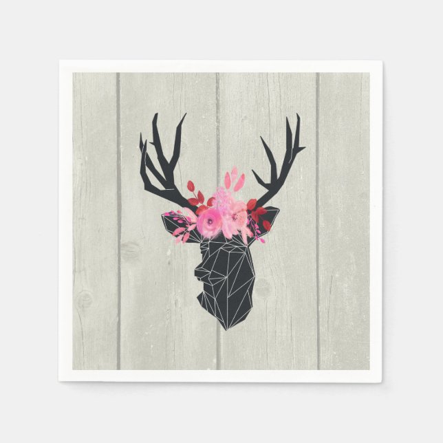 Geometric Deer Head w/ Floral Crown on Fake Wood Napkin (Front)