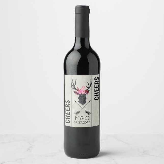 Geometric Deer Head w/ Floral Crown on Fake Wood Wine Label (Front)