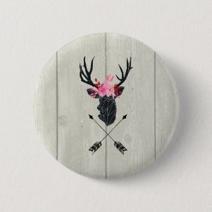 Geometric Deer Head w/ Flowers and Crossed Arrows 2 Inch Round Button
