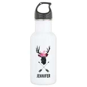 Geometric Deer Head w/ Flowers and Crossed Arrows 532 Ml Water Bottle
