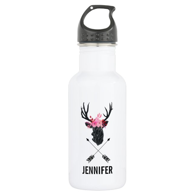 Geometric Deer Head w/ Flowers and Crossed Arrows 532 Ml Water Bottle (Front)