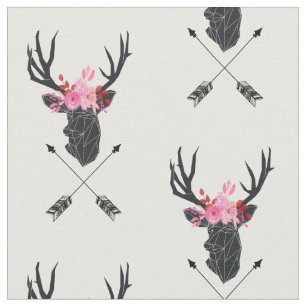 Geometric Deer Head w/ Flowers and Crossed Arrows Fabric
