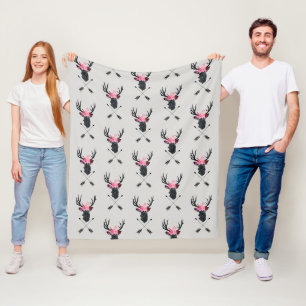 Geometric Deer Head w/ Flowers and Crossed Arrows Fleece Blanket