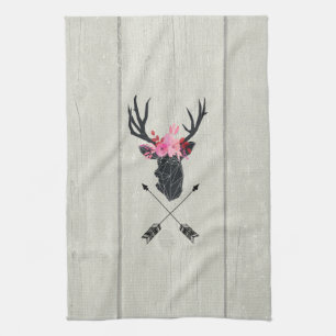 Geometric Deer Head w/ Flowers and Crossed Arrows Kitchen Towel