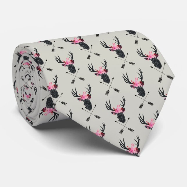 Geometric Deer Head w/ Flowers and Crossed Arrows Tie (Rolled)
