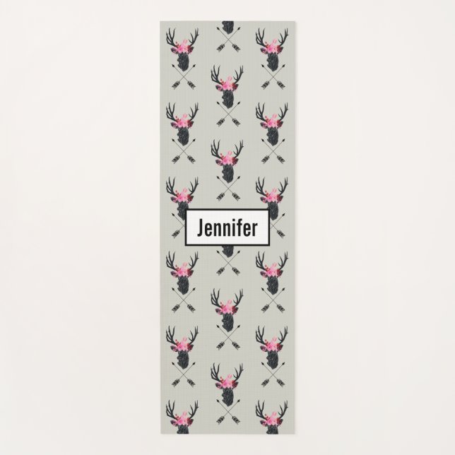 Geometric Deer Head w/ Flowers and Crossed Arrows Yoga Mat (Front)