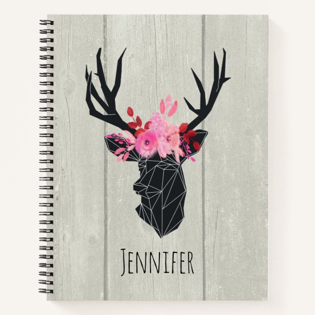 Geometric Deer Head with Floral Crown Custom Notebook (Front)