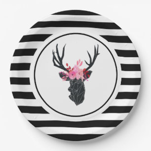 Geometric Deer Head with Floral Crown Paper Plate