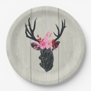Geometric Deer Head with Floral Crown Paper Plate