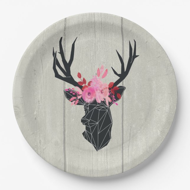 Geometric Deer Head with Floral Crown Paper Plate (Front)