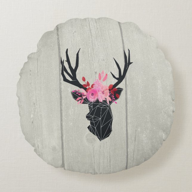 Geometric Deer Head with Floral Crown Round Pillow (Front)
