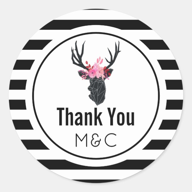 Geometric Deer Head with Floral Crown Thank You Classic Round Sticker (Front)