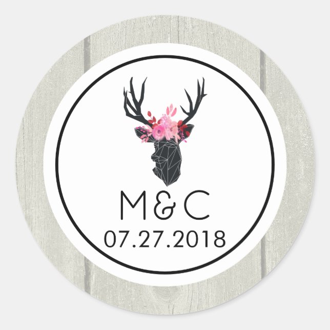 Geometric Deer Head with Floral Crown Wedding Classic Round Sticker (Front)