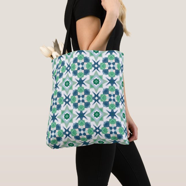 Geometric Design in Green and Blue Tote Bag (Close Up)
