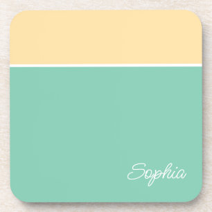 Geometric Design, Pale Yellow & Teal, Script Name Coaster