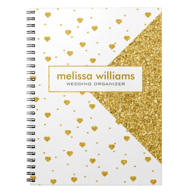 Geometric Design & White & Gold Hearts Pattern Notebook (Front)