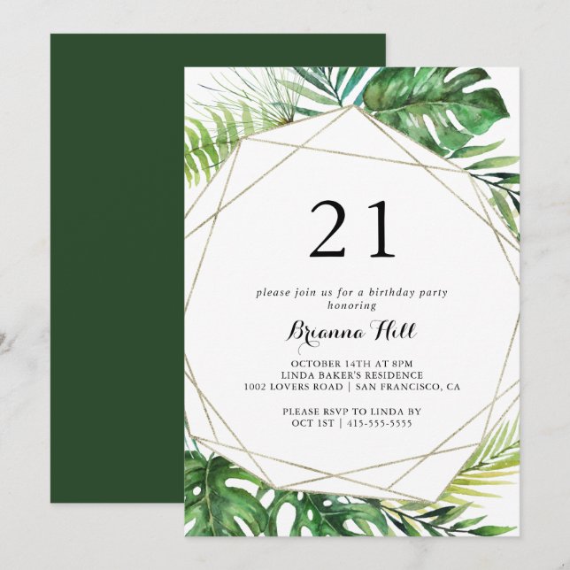 Geometric Destination Tropical 21st Birthday Party Invitation (Front/Back)