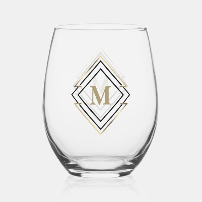 Geometric Diamond Frame Monogram Black/Gold ID617 Stemless Wine Glass (Front)